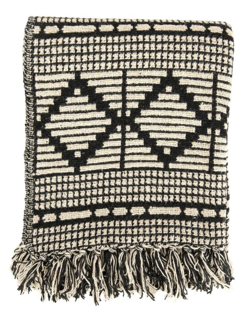 Soft Reclaimed Cotton Blend Throw with Diamond Pattern and Fringe, Black and